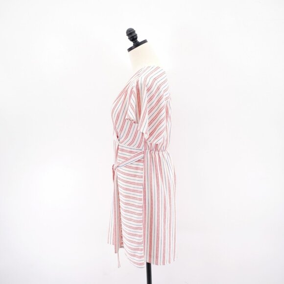 Monteau Large White Pink Blue Striped Belted Wrap Tunic Large Dress V-Neck - Picture 4 of 9